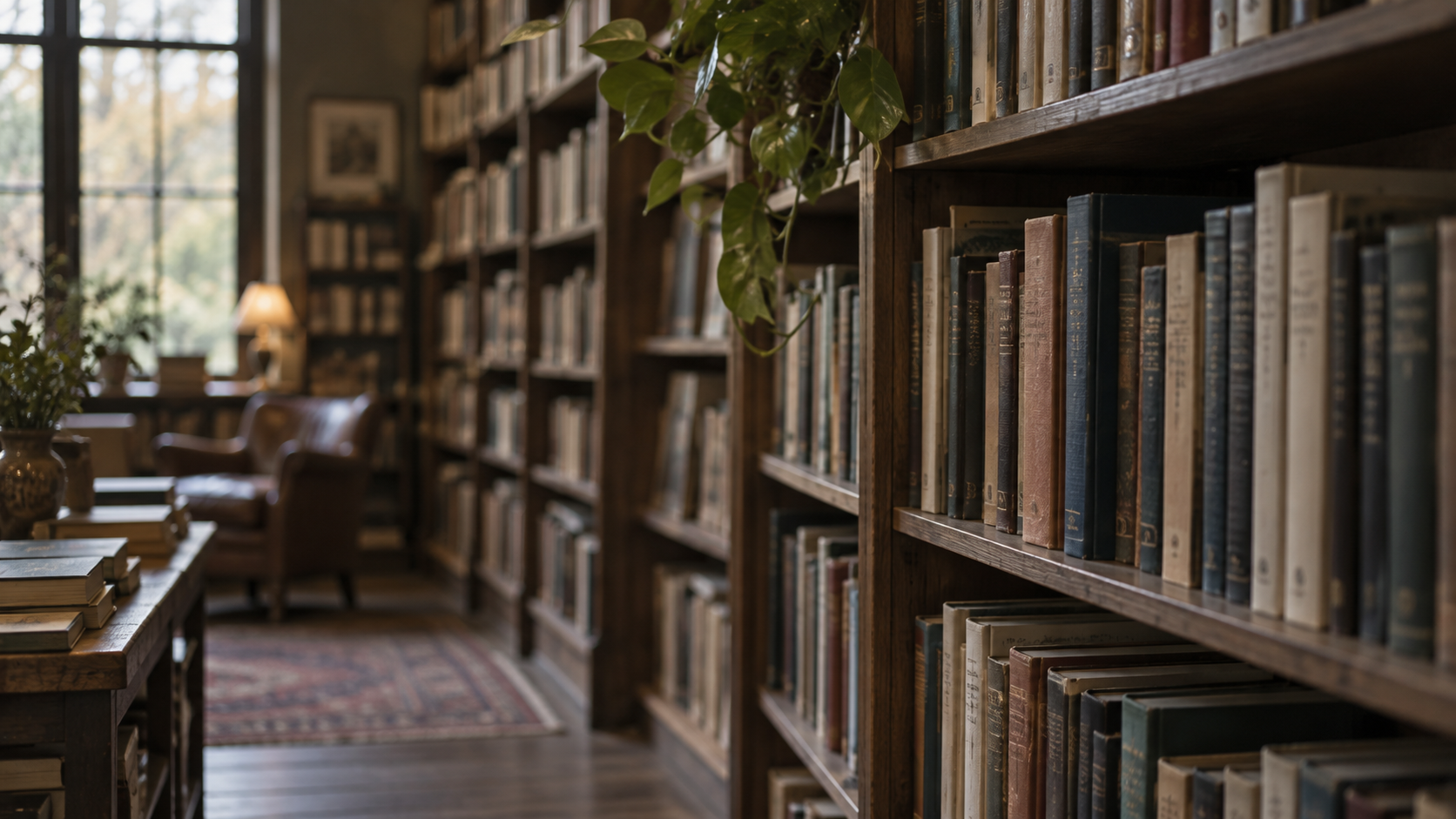 A warmly lit study lined with bookshelves