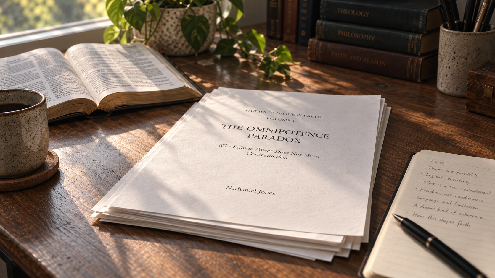 The Omnipotence Paradox manuscript arranged on a sunlit writing desk